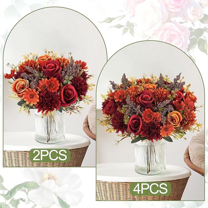 Dremisland Artificial Fall Flowers Like Real Artificial Bouquet 4 Packs Silk Artificial Roses Bouquet with Daisy Chrysanthemum Orange Red Fall Flowers for Centerpiece Table Autumn Halloween Decor