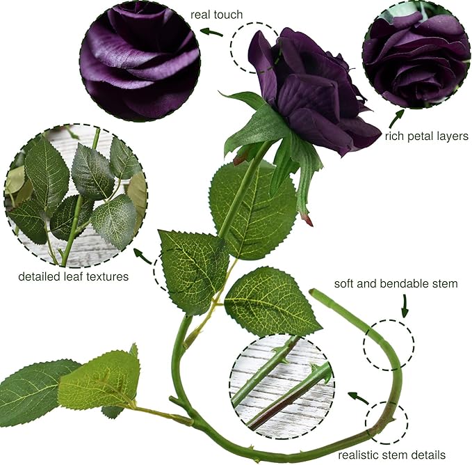 FiveSeasonStuff 12 Stems Artificial Flowers Real Touch Silk Roses for Wedding Decoration Bridal Bouquets Table Centerpieces Party Shower, Packed in Box (Mysterious Purple)