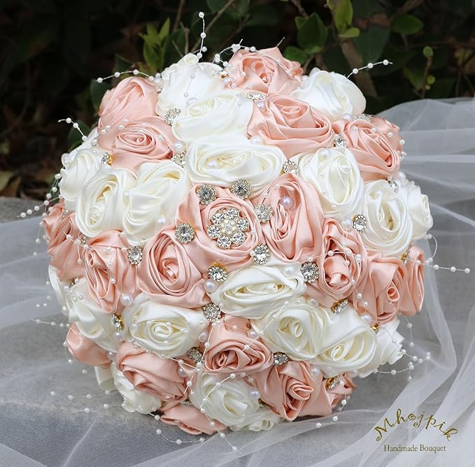 Bridal Wedding Bouquet Round Bling Brooch Bouquet Throw Toss Artificial Rose Flower Bunch for Bride Bridesmaid Wedding Quinceanera(Peach Pink & Ivory, 9.8")