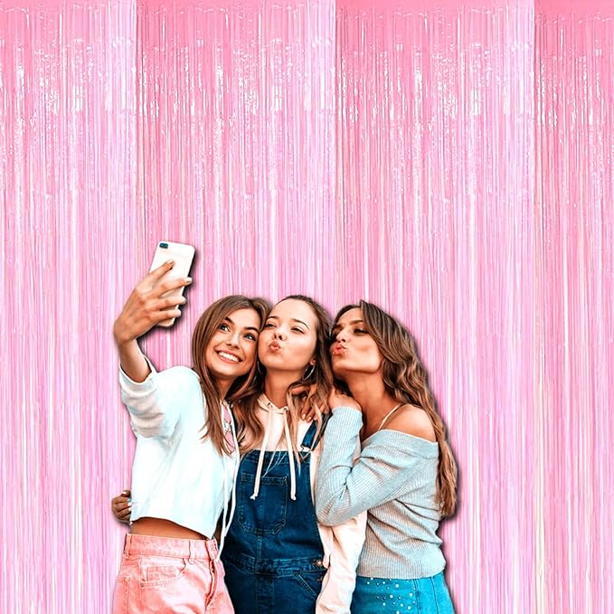 4 Pack Macaron Pink Tinsel Foil Fringe Curtain Backdrop, 3.28Ft x 8.2Ft Metallic Streamers for Photo Booth Props Wedding Bridal Shower Bachelorette Birthday Halloween Christmas Party Decoration