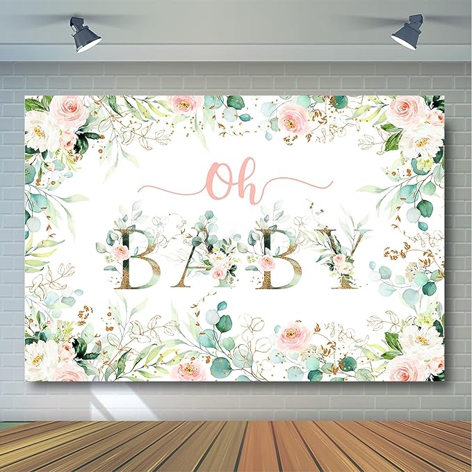 Avezano Greenery Girl Oh Baby Backdrop for Baby Shower Decoration Photography Background Blush Pink and Gold Floral Eucalyptus Greenery Leaves Baby Girl's Shower Party Photoshoot (8x6ft)