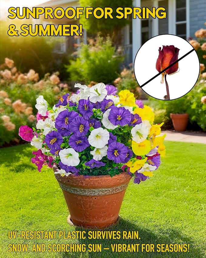 12 Bundles Artificial Flowers for Outdoors UV Resistant with Eucalyptus - Realistic Silk Fake Flowers Outside for Window Box Planter Hanging Basket, Faux Plants for Home Porch Garden Yard Décorations