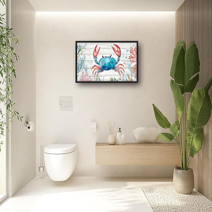Crab with Coral Large Decor Framed Wall Art Ocean Pictures for Living Room, Nautical Oversized Canvas Print Painting Modern Extra Large Framed Artwork for Bedroom Office Home Decor 36"x24"