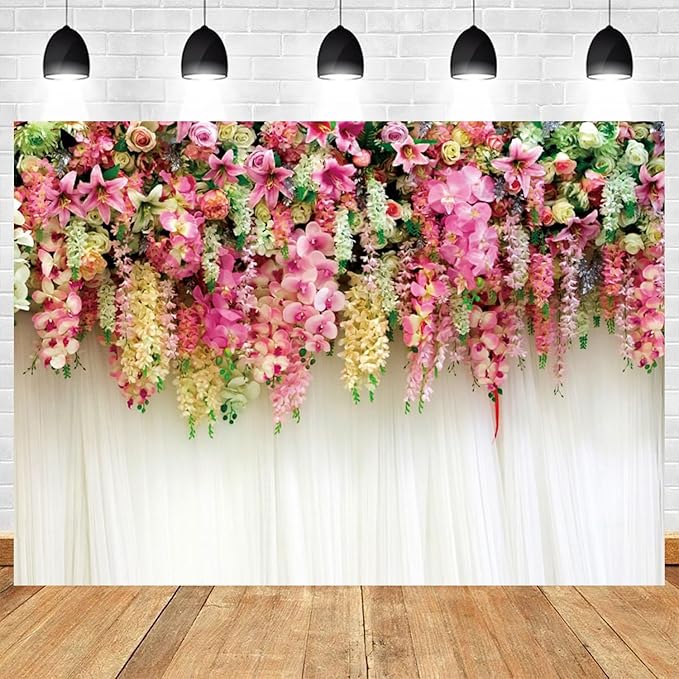 8x6ft Pink Floral Backdrop White Curtain Wedding Reception Photography Background Colorful Flowers Anniversary Bridal Shower Decorations Birthday Party Baby Shower Portrait Photo Booth Prop
