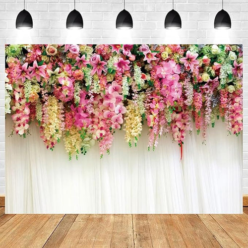 10x6.5ft Pink Floral Backdrop White Curtain Wedding Reception Photography Background Colorful Flowers Anniversary Bridal Shower Decorations Birthday Party Baby Shower Portrait Photo Booth Prop