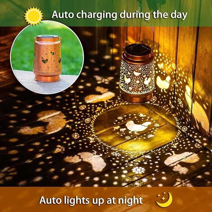 Christmas Gifts for Women Chicken Solar Lanterns Outdoor Waterproof Hanging Solar Lights Chicken Gifts for Women Men Metal Decorative LED Lanterns for Garden Decor,Yard,Patio,Lawn,Pathway,Landscape