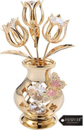 Matashi 24K Gold Plated Crystal Studded Flower Ornament in a Vase with Decorative Butterfly, Christmas, Mother's Day, Valentine's Gift, Tabletop Centerpiece (Clear Crystals)