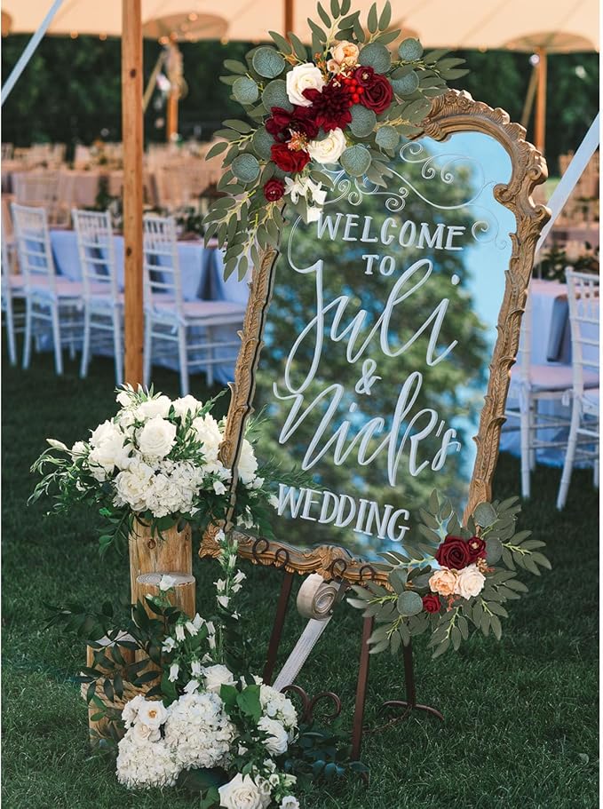 Faux Flower Swag Set of 2, Artificial Flowers Swags for Wedding Arch, Wedding Welcome Signs, Welcome Reception Ceremony Signs Decorations Burgundy
