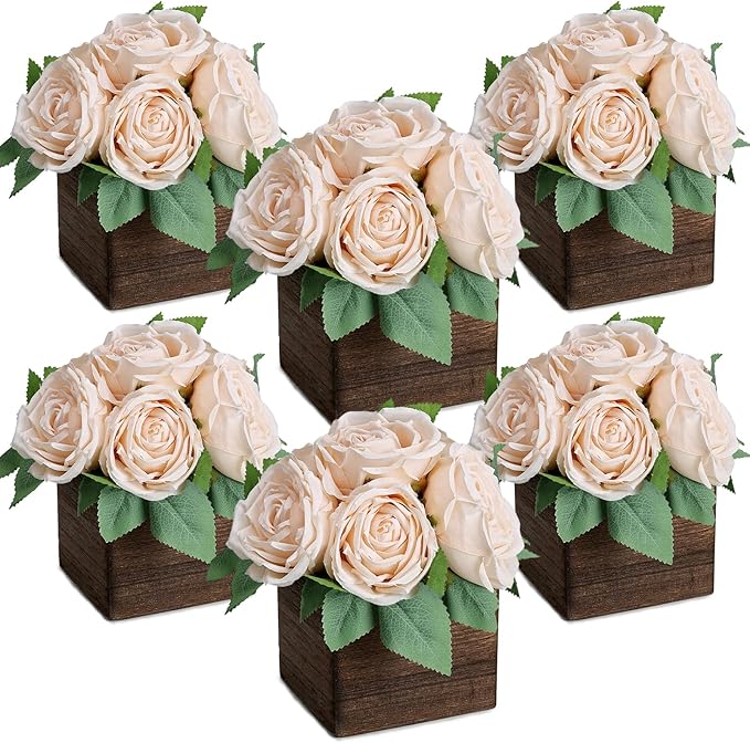Dining Table Centerpiece Set of 6 - Pre-Made Aritifial Rose with Wooden Vase Fake Floral Arrangment Faux Flower for Wedding Bridal Tea Party Event Decorations - Champagne
