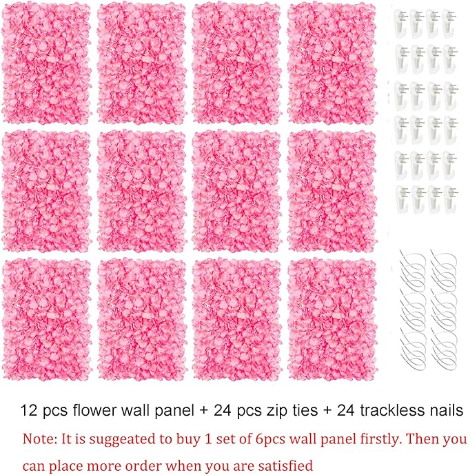 BLOSMON Flower Wall Panel Backdrop - 12 Pcs 24 x 16 Inch Pink Artificial Hydrangea Floral Backdrop for Wedding Party Baby Bridal Shower Decor, Hanging Fake Silk Flower Backdrop Decoration