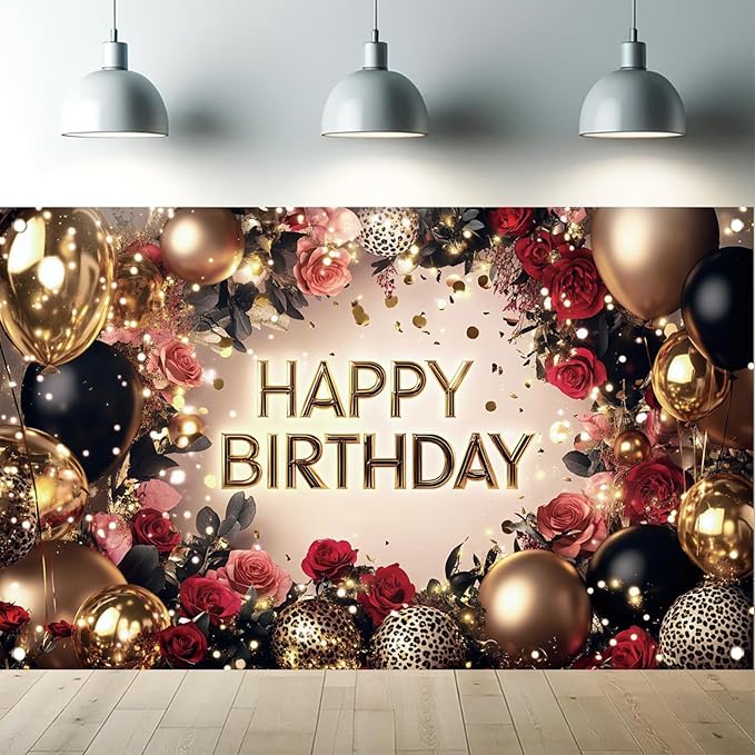 Red and Black Rose Happy Birthday Backdrop Banner Gold Balloon Photography Background Women Birthday Party Decorations Elegant Floral Birthday Supplies Photo Booth Props 71x43 Inch
