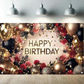 Red and Black Rose Happy Birthday Backdrop Banner Gold Balloon Photography Background Women Birthday Party Decorations Elegant Floral Birthday Supplies Photo Booth Props 71x43 Inch