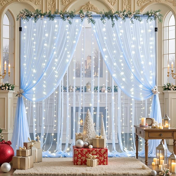 10ft x 10ft Baby Blue Tulle Photo Backdrop Curtain with Lights String for Parties Wedding Sheer Blue Curtain Backdrop for Birthday Party Baby Shower Boy Photo Booth Photography Background Decorations