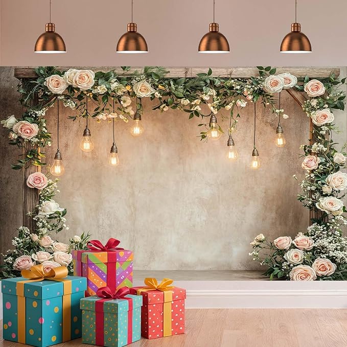 12x10ft Country Wedding Photography Backdrop Floral Rustic Roses Farmhouse Wooden Door Backdrop Pink Flower Birthday Baby Shower Wedding Bridal Party Banner Photo Booth Props Anniversary Background