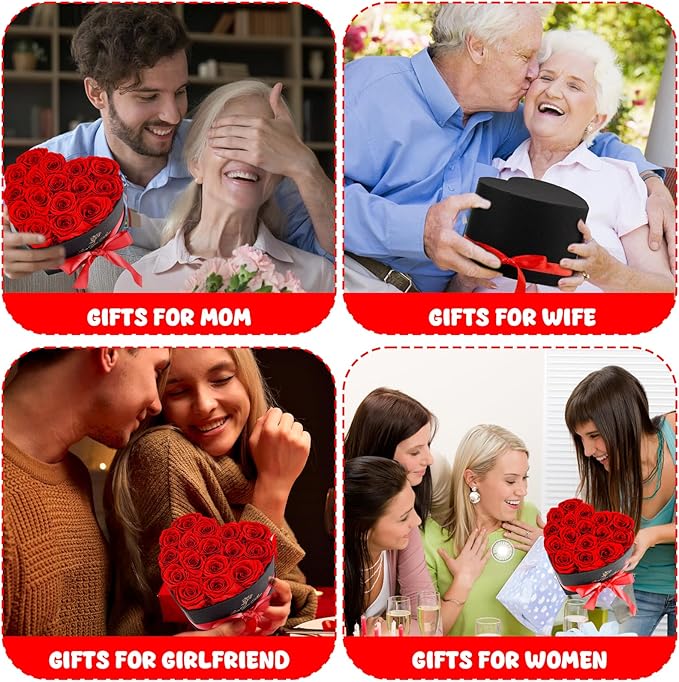 Forever Flowers, 16 Fresh Preserved Rose in Heart Shape Box for Delivery Prime, Eternal Rose for Her Wife Women Anniversary Birthday Red