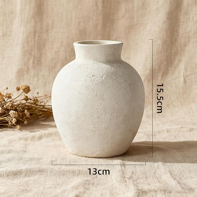 6.1 Inch White Ceramic Vase，Rustic Bohemian Terracotta Vase,Wabi-Sabi Style, Handmade Farmhouse Vase,Suitable for Home décor, Tables, Living Rooms, entryways, Fireplace Decorations, and Weddings