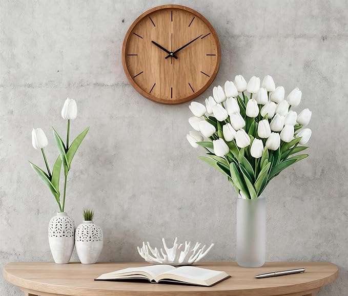 White Faux Tulips (20 Pcs) - Premium PU Artificial Flowers for Christmas & Thanksgiving Table Setting, Winter DIY Home Decor - 13.5" Real Touch