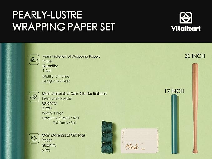 Vitalizart Green Wrapping Paper Set 17" Pearly-Lustre With Silk Like Satin Ribbon & Gift Tags Recyclable Christmas Gift Wrapping Birthday Baby Shower Wedding Handmade Crafts 197"(16.4 Ft)