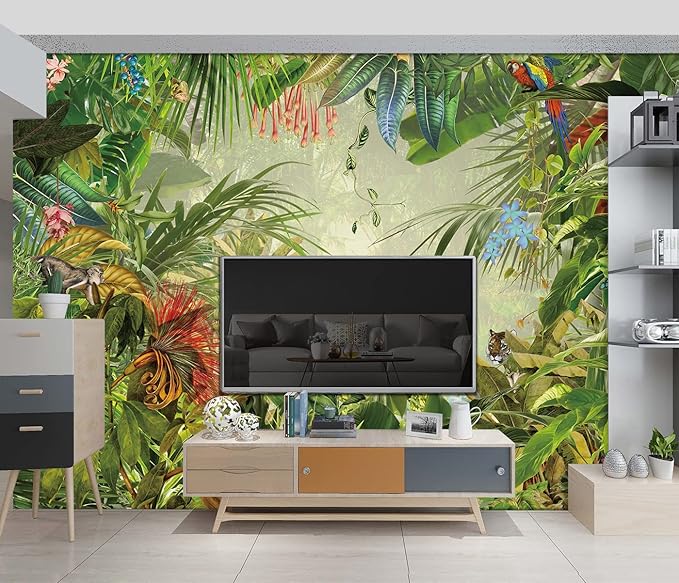 Tropical Botanical Animal Floral Bird Wallpaper Woodland Forest Tree Nursery Kids Bedroom Plant murals Living Room tv Background Large Wall Mural - 137"x96" Not Peel and Stick