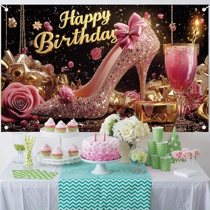 Luxury High Heel Birthday Backdrop Banner Pink Glitter Shoe Photography Background Rose Gold Decor for Women Girls Party Decorations Fashion Booth Studio Props 71 x 43 Inch