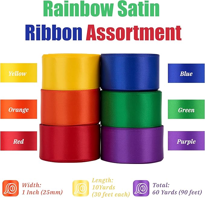 Rainbow Satin Ribbon - 1 Inch Colorful Multicolor Fabric for Crafts, Garland, Tulle & Birthday Party Decoration - 60 Yards
