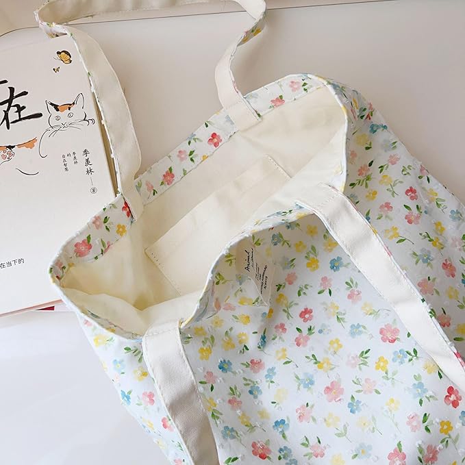 Cotton Canvas Tote Bag Reusable Soft Grocery Cloth Bag Floral Shoulder Bag for Beach Travel Shopping