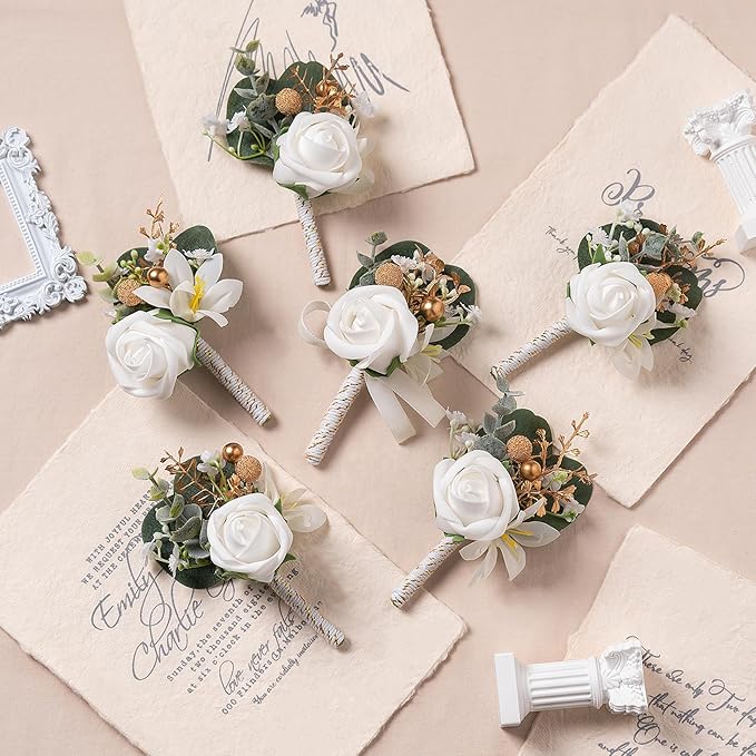 Meldel White Boutonniere for Men Wedding with Pins,Set of 6, Greenery Corsage Rose Groom Groomsmen Boutonniere for Wedding,Prom,Homecoming,Party,etc.