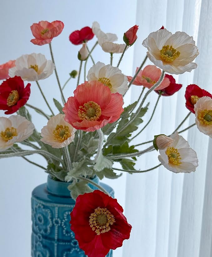 Set of 6 Red Coral Pink and Champagne Mixed Poppy Flowers Artificial, Silk Flowers with Stems for Vase for Wedding Party Home Office Indoor Kitchen Dining Table Centerpiece Decoration