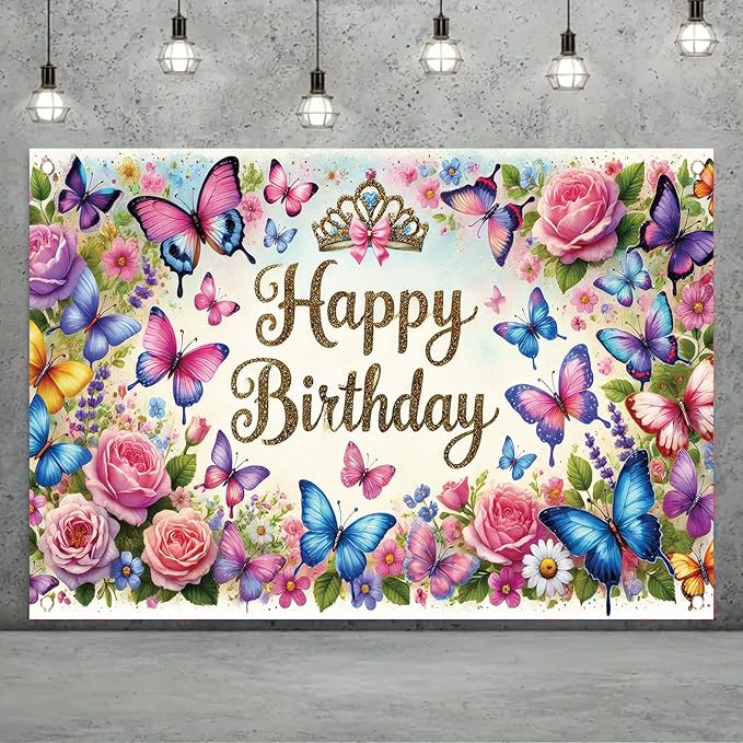 Happy Birthday Backdrop Butterfly Floral Banner Crown Decorations Photography Background for Women Girls Princess Supplies Cake Table Photo Shoot Props 71 x 43 Inch
