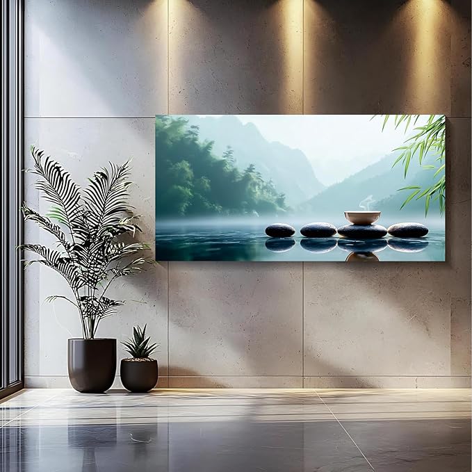 Iallbin Buddha Wall Art & Zen Wall Decor, White Lotus on Water Canvas Painting - for Yoga Meditation Room, Spa & Bathroom,Iallbin Zen Stone Wall Art & Zen Wall Decor, Blending the essence of landscape artistry - for Yoga Meditation Room, Spa & Bathroom...