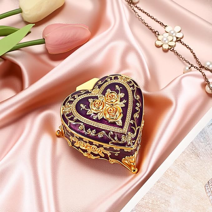 Hipiwe Decorative Jewelry Box Purple Vintage Jewelry Storage Case with Rose Pattern Heart Shaped Treasure Chest Box for Earrings Ring Necklace Keepsake Organizer