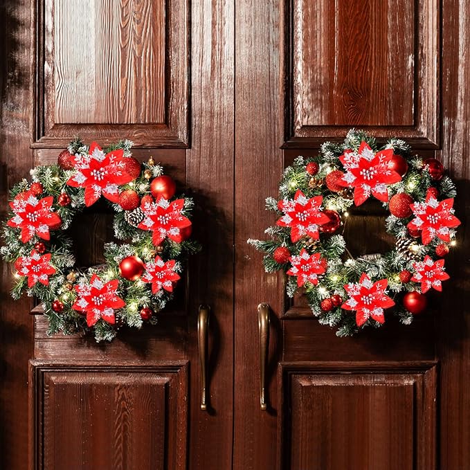 24 Christmas Glitter Artificial Poinsettia Flowers Xmas Poinsettia Artificial Wedding Flowers Decorations Xmas Tree Ornaments with Clips for Party Favors, 6 Inch, 4 Inch, 3 Inch (Red and Silver)