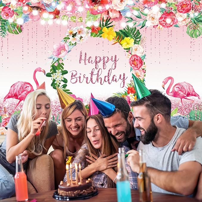 Renaiss 8x6ft Pink Flamingo Happy Birthday Backdrop Tropical Leaves Floral Hoop Winkle Hawaiian Photography Background Luau Aloha Party Decor Girls Birthday Photo Props Dessert Gift Table Banner