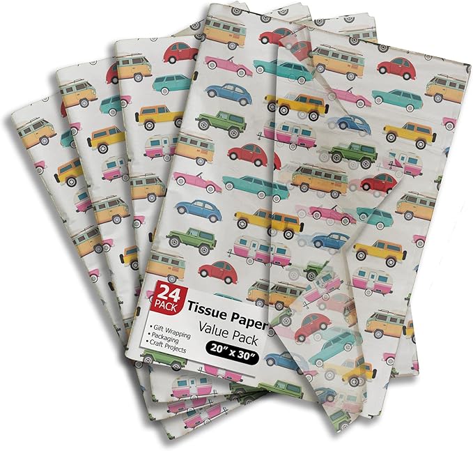 Automobiles Printed Tissue Paper for Gift Bags or Boxes and Wrapping - Cars Bulk Decorative Art Tissue Paper for Packaging and Gifting | 24 Sheets 20" x 30"