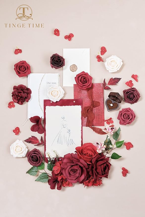 TINGE TIME Artificial Flowers Combo Mix Silk Flowers Red Roses w/stem for DIY Wedding Bridal Bouquets Baby Shower Floral Arrangement Table Centerpieces Home Decorations (Burgundy)
