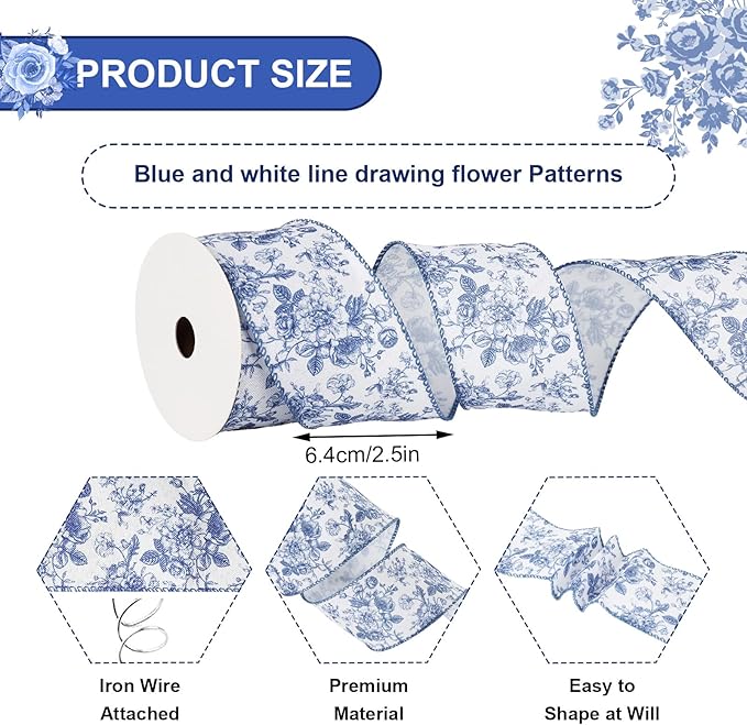 Generic Floral Wired Edge Ribbon Blue Flower Craft Ribbon Chinoiserie Decorative Fabric Ribbon for DIY Crafts Wreath Bow Making, 12 Yards