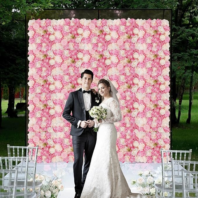 3D Flower Wall Backdrop - 12Pcs Artificial Flower Wall Panel 15 * 15inch Decoration Pink and White Roses Wall for Home Party Wedding Anniversary Birthday