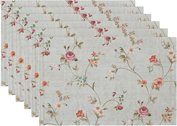 QIYI Boho Placemats Set of 6, 12x18 Inch Linen Fabric Floral Place Mats for Kitchen Dinning, Farmhouse Rustic Cloth Table Mats, Washable Placemat Party Table Décor, Vintage Pink Flowers