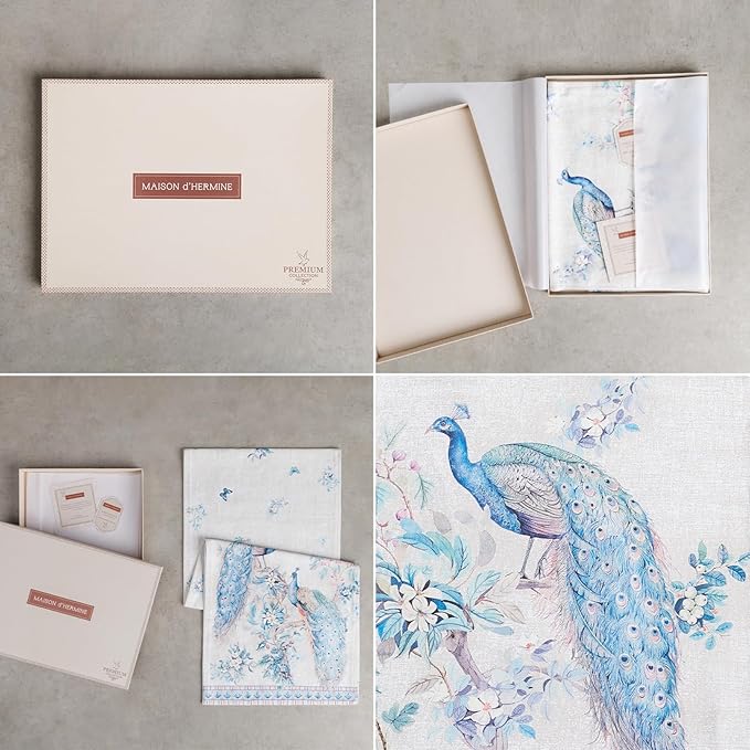 Maison d' Hermine Tablerunners 100% Combed Cotton Premium Table Runner Decorative Table Cover, Home, Kitchen, Parties & Camping, Peacock Utopia, Double Layer - (14.50"x72")