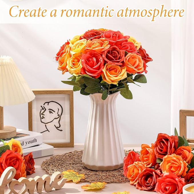 Hotop 40 Pcs Rose Artificial Flowers Bulk with Long Stem,Realistic Silk Fake Roses Bouquet for Home Wedding Centerpieces Party Table Decoration Valentines Gifts(Gradient Orange)