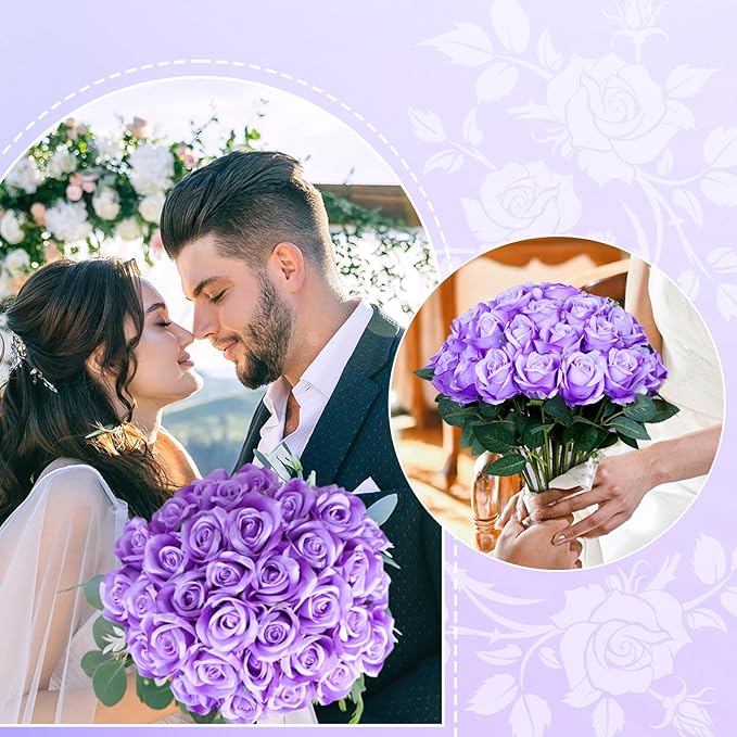 30pcs Fake Roses Artificial Silk Flowers Long Stems Bouquet for Wedding Bridal Shower Party Home Decoration (Purple)