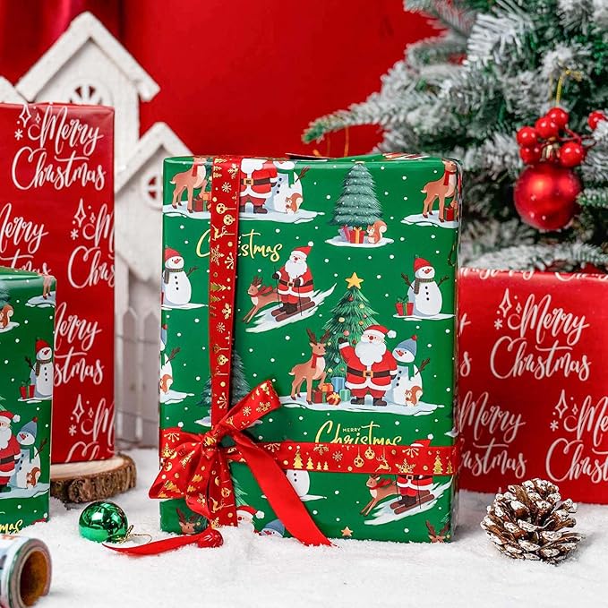 MAYPLUSS Christmas Wrapping Paper Roll - 17IN X 33FT - Green Santa Gift Wrapping Paper Featuring Christmas Tree Santa Claus Snowman Reindeer Reversible Red for Kids, Holiday, New Year