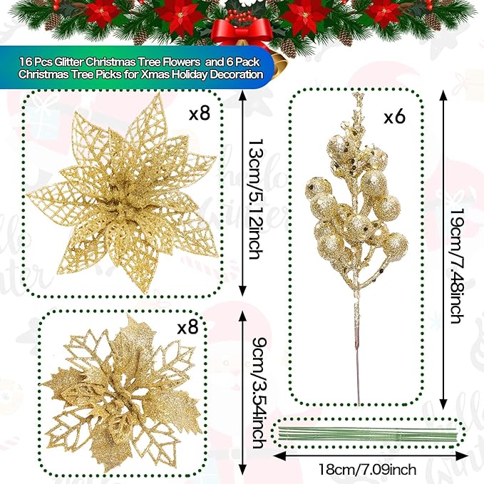 Zhuqing 22Pcs Christmas Poinsettia Artificial Flowers and Glitter Berries Stems Kit, 16Pcs Christmas Tree Flowers Ornaments and 6 Pack Christmas Tree Picks for Wedding Holiday Decorations (Gold)