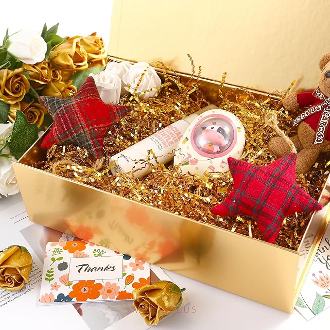 Christmas Large Gift Box with Lid 13.5x9x4.1 Inches, Gold Groomsman Proposal Gift Box with Magnetic Closure for All Occasion(Glossy Gold)