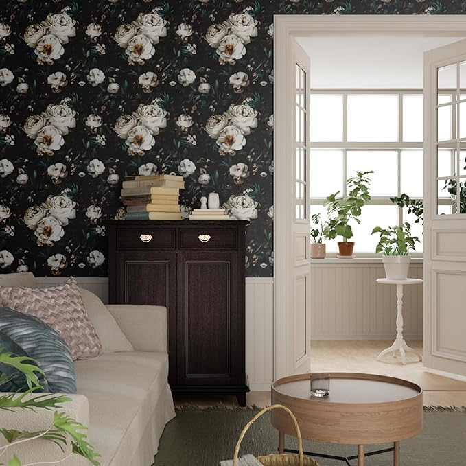 Dark Floral Wallpapr Peel and Stick Boho Wallpaper 17.5in x 118in Black Contact Paper Waterproof Self Adhesive Vintage Large Floral Wall Paper for Bedroom Walls Cabinet Decor