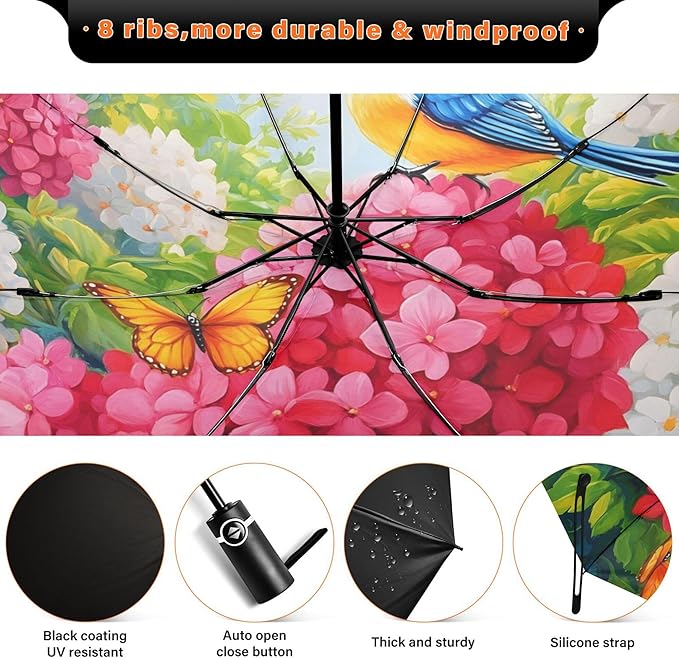 Automatic Folding Umbrella Windproof Strong, UV Protection Compact Floral Hydrangea Hummingbird Sun Rain Sun Rain Travel Umbrellas for Women Men