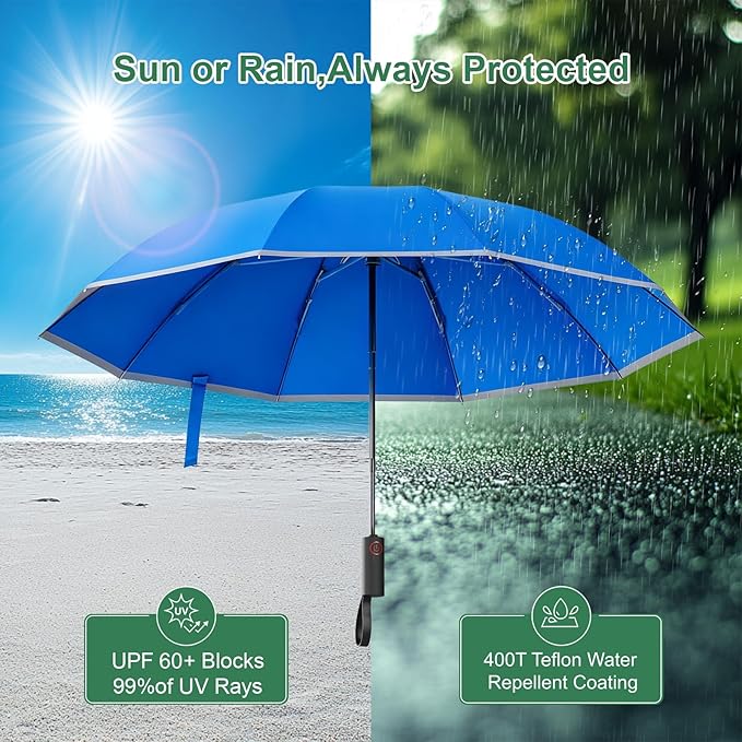 4-in-1 Inverted Travel Umbrella Compact, Automatic Large Umbrellas for Rain & Sun, Portable Windproof Umbrella for Backpack, Reverse Folding Umbrella for UV with Reflective Strips,Lightweight