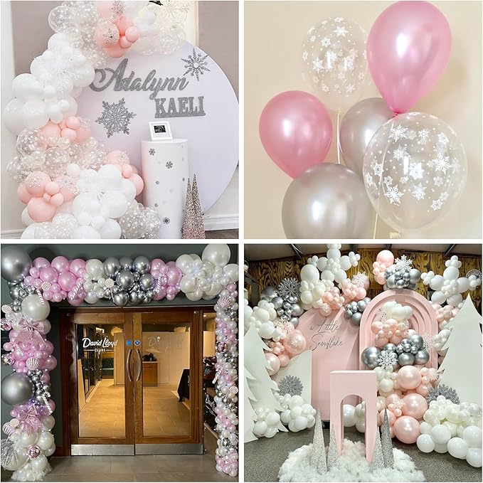 Pink and Silver Balloons 12 Inch Winter Onederland Snowflake Balloon Pearl Pink White Silver Metallic Latex Party Balloons for Winter Christmas Wonderland Girl Birthday Baby Shower Decorations