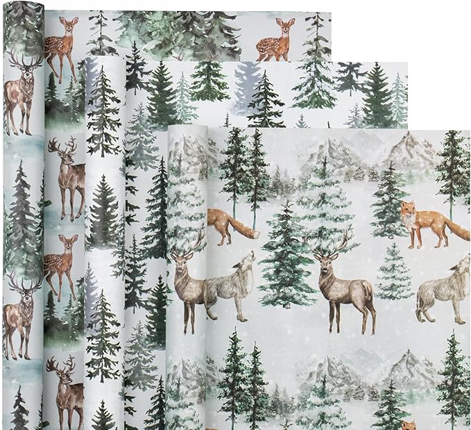 WRAPAHOLIC Kraft Christmas Wrapping Paper Roll - Mini Roll - 3 Rolls - 17 Inch x 120 Inch Per Roll - Watercolor Elk, Wild Animal and Winter Forest Landscape Holiday Collection