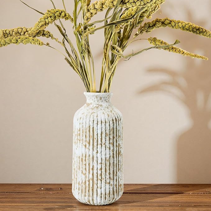 Ceramic Flower Vase Home Décor, 9.25 Inch Rustic Farmhouse Vase, Ribbed Vintage Vase, Pottery Decorative Vases for Living Room, Entryway Table, Shelf, Kitchen Island, Coffee Table(Mottled-Gray)